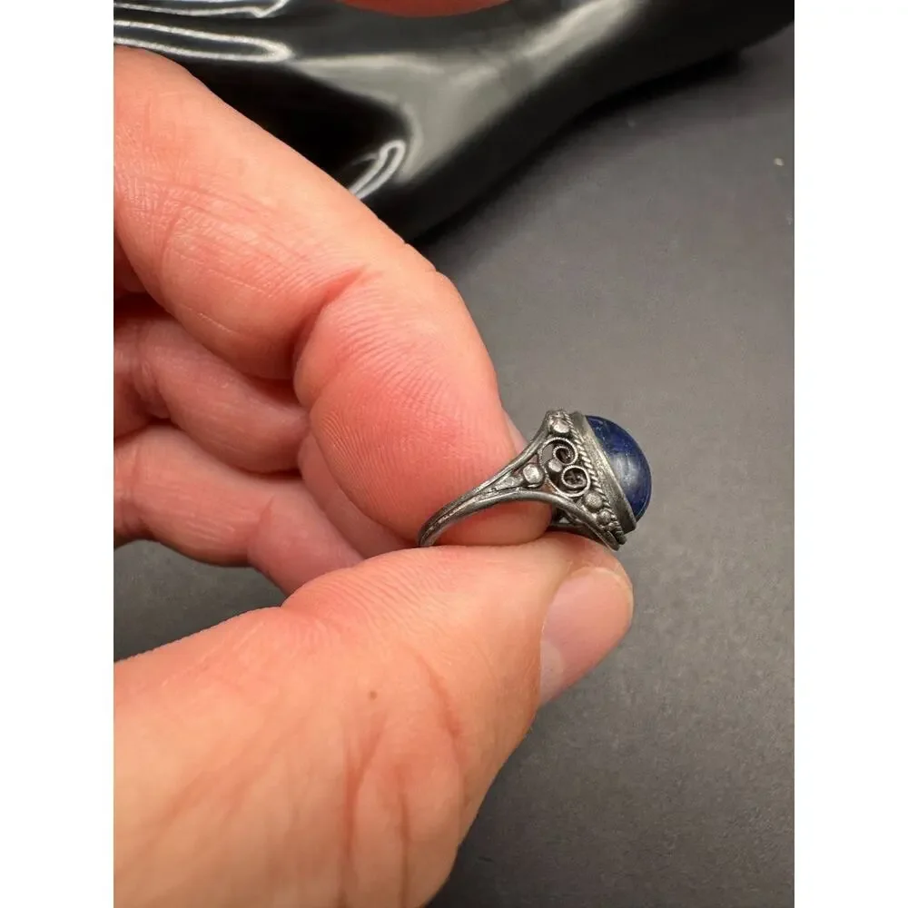 Vintage Lapis Lazuli Oval Filigree Silver Tone Women's Cocktail Band Ring